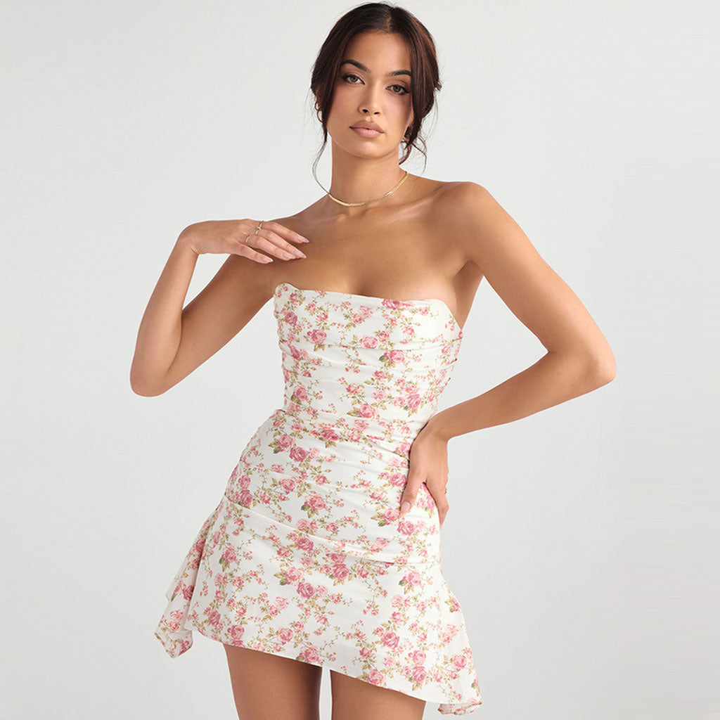 Floral Strapless Ruched Bodycon Mini Dress