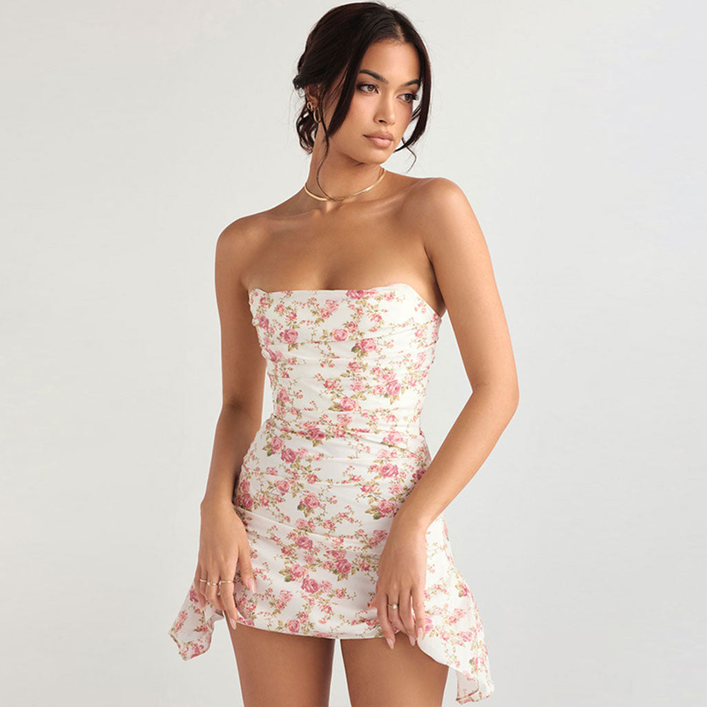 Floral Strapless Ruched Bodycon Mini Dress