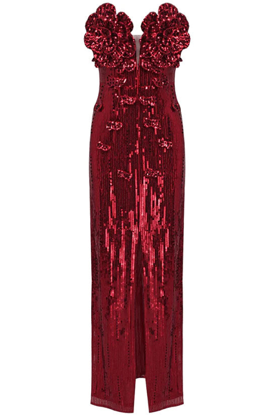 Sequin Strapless Rosette Applique High Split Mermaid Maxi Dress