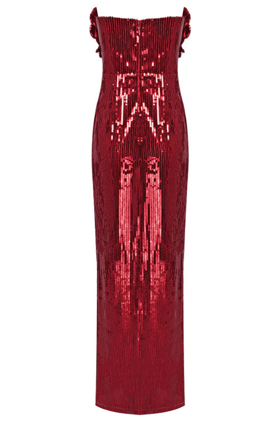 Sequin Strapless Rosette Applique High Split Mermaid Maxi Dress