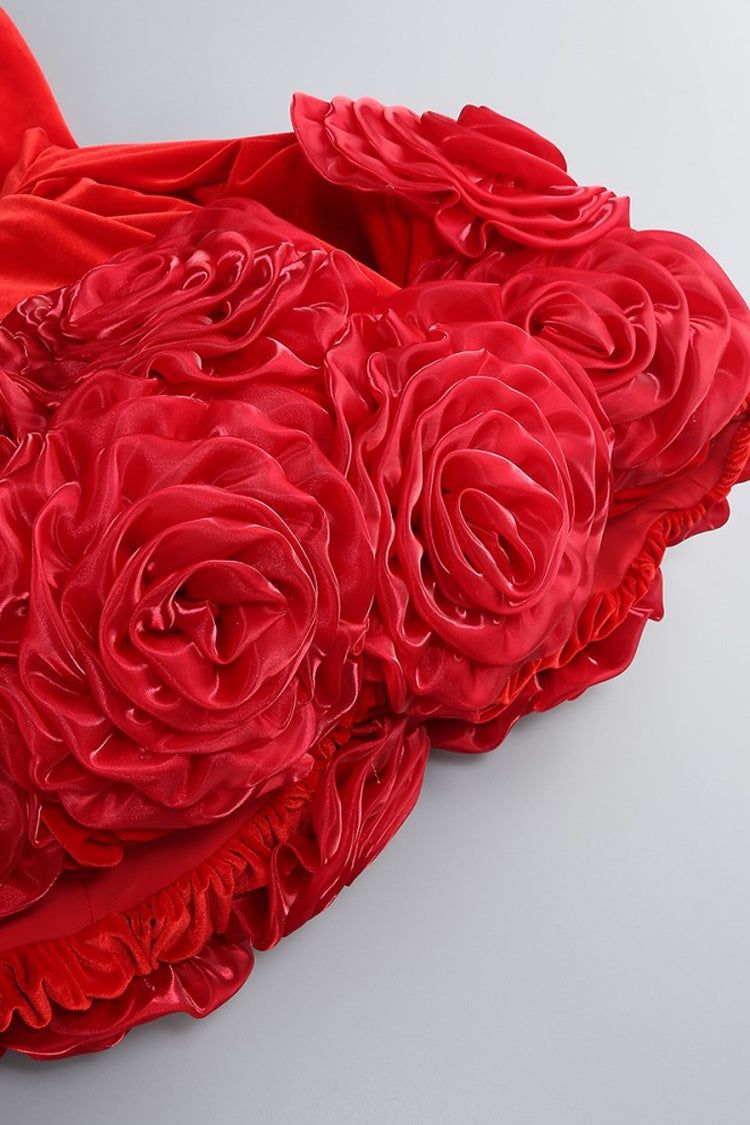 Glamorous Strapless Fit & Flare Rosette Balloon Velvet Party Mini Dress