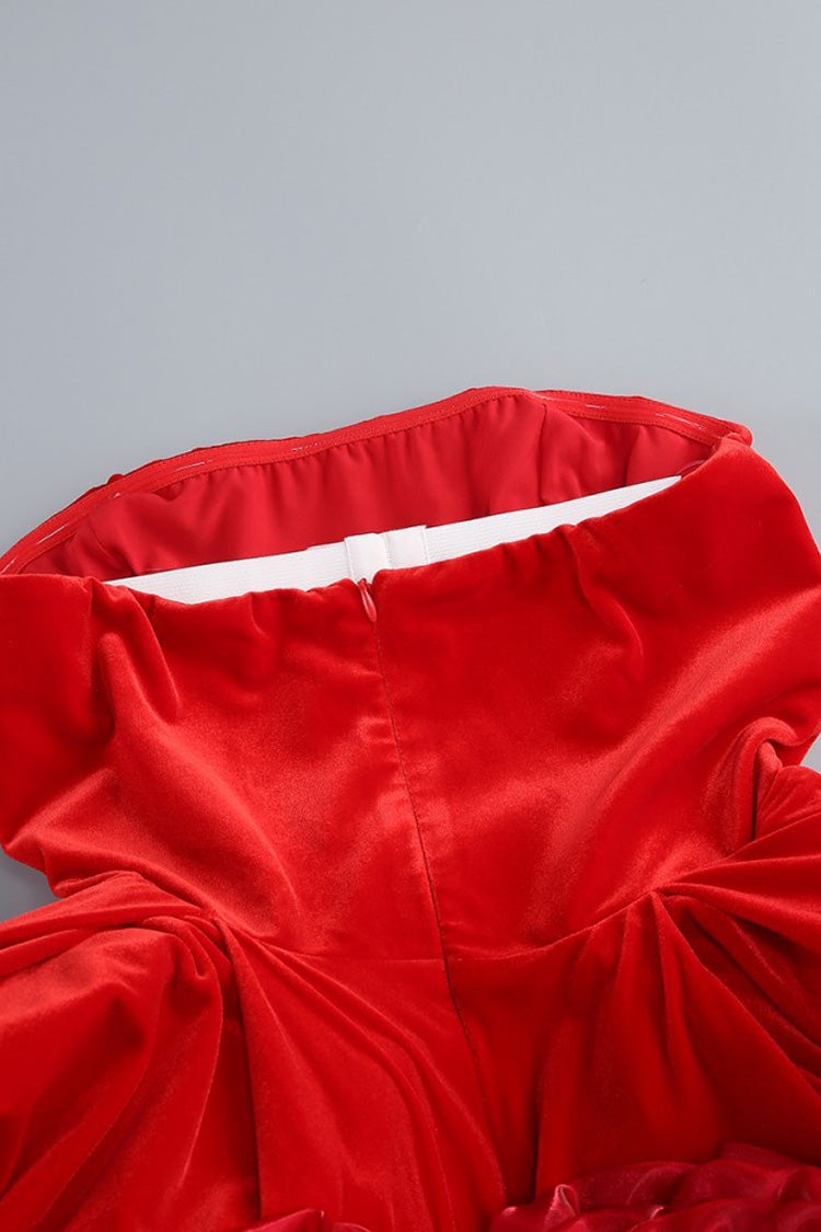 Glamorous Strapless Fit & Flare Rosette Balloon Velvet Party Mini Dress