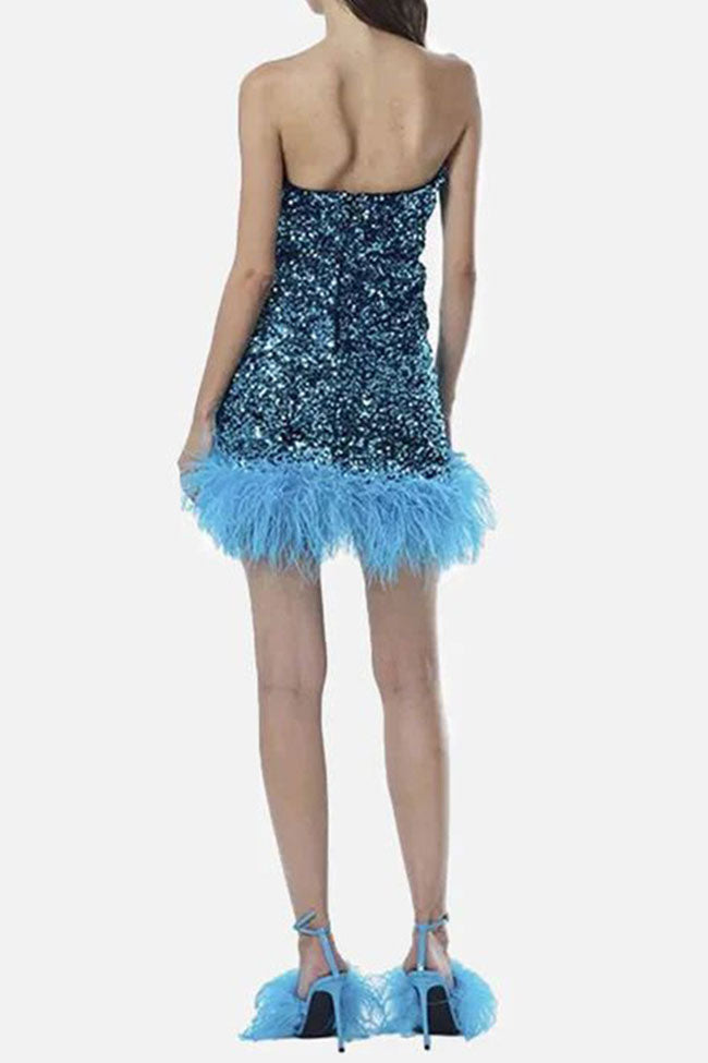 Sequin Strapless Feather Trim Bodycon Mini Dress