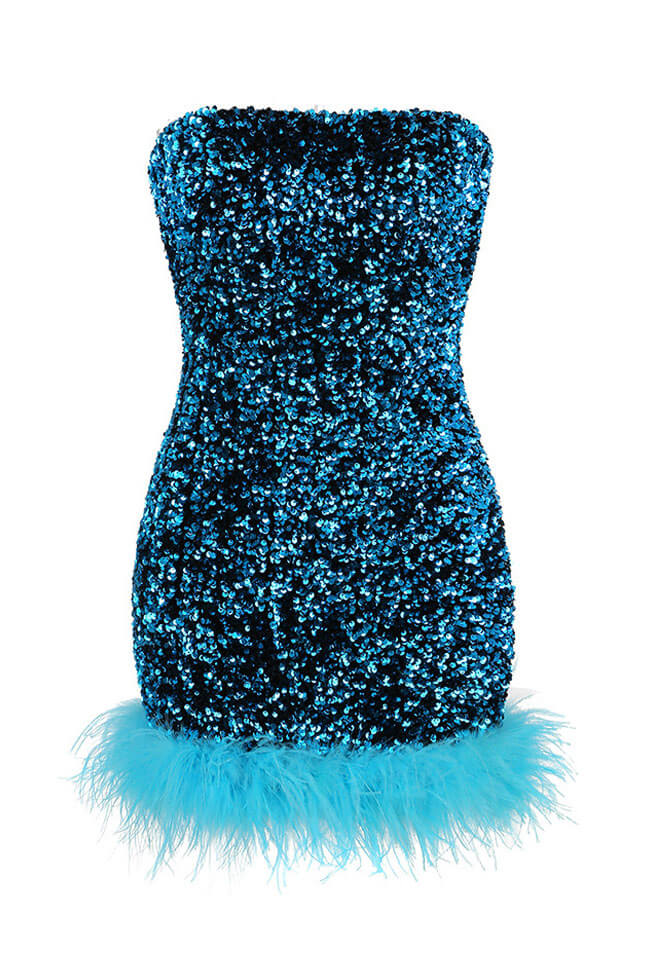 Sequin Strapless Feather Trim Bodycon Mini Dress