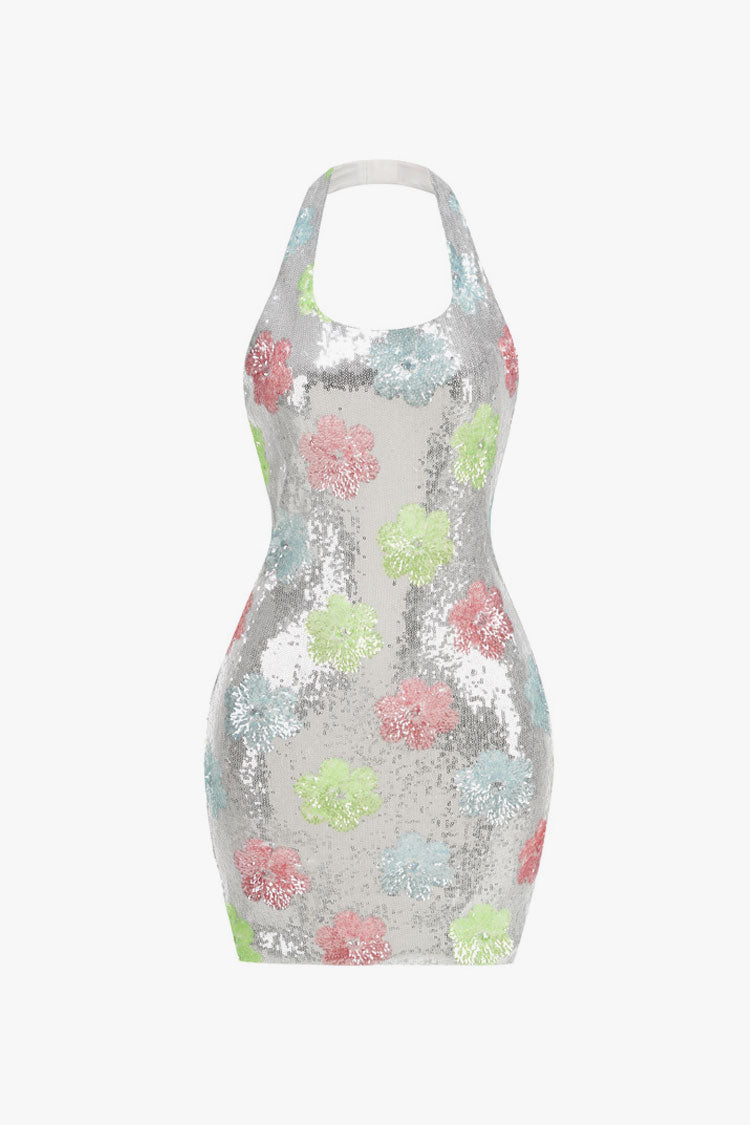 Glistening Halter Neck Contrast Floral Bodycon Sequin Party Mini Dress