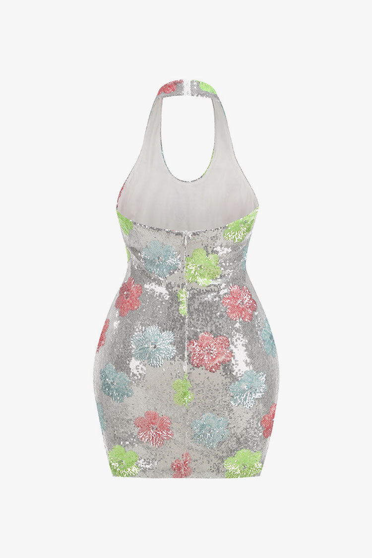 Glistening Halter Neck Contrast Floral Bodycon Sequin Party Mini Dress
