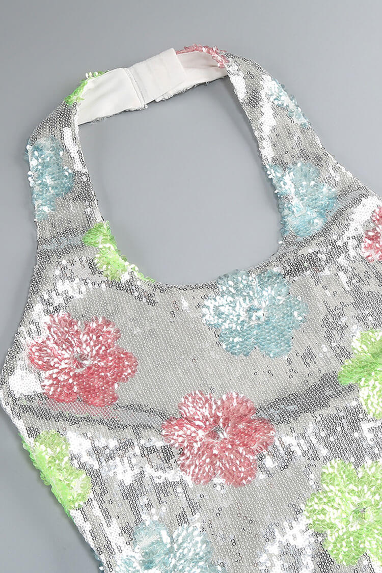 Glistening Halter Neck Contrast Floral Bodycon Sequin Party Mini Dress