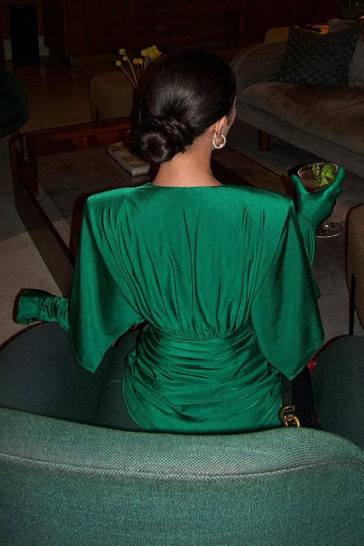 Glitter Plunge Neck Opera Glove Half Sleeve Ruched Party Mini Dress - Emerald Green 8