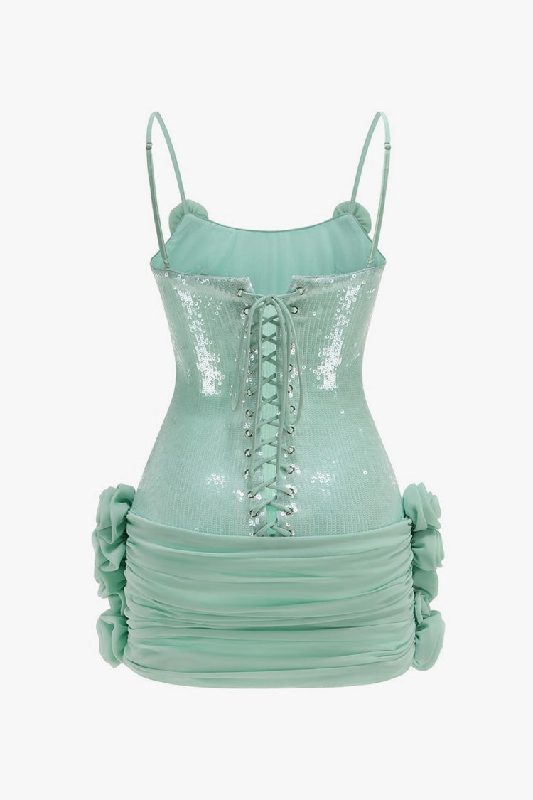 Glitter Sequin Sleeveless Lace Up Rosette Ruched Micro Mini Party Dress