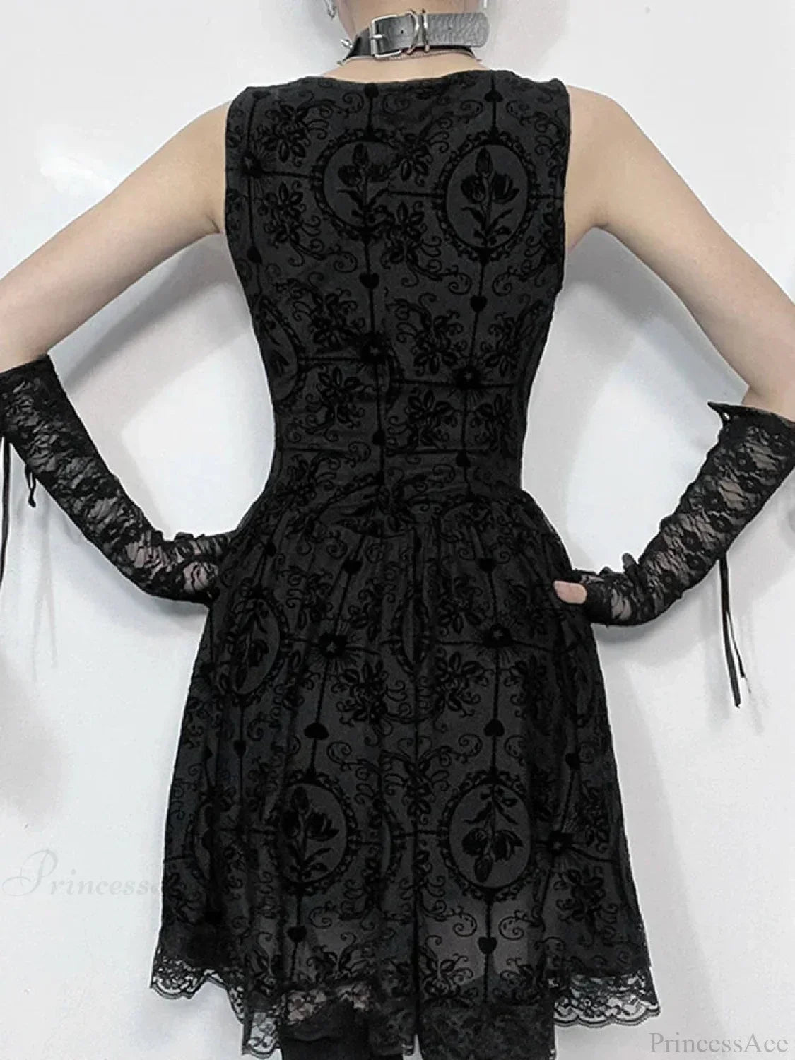 Square Neck Sleeveless Damask Floral Lace Trim Skater Mini Dress - View 3