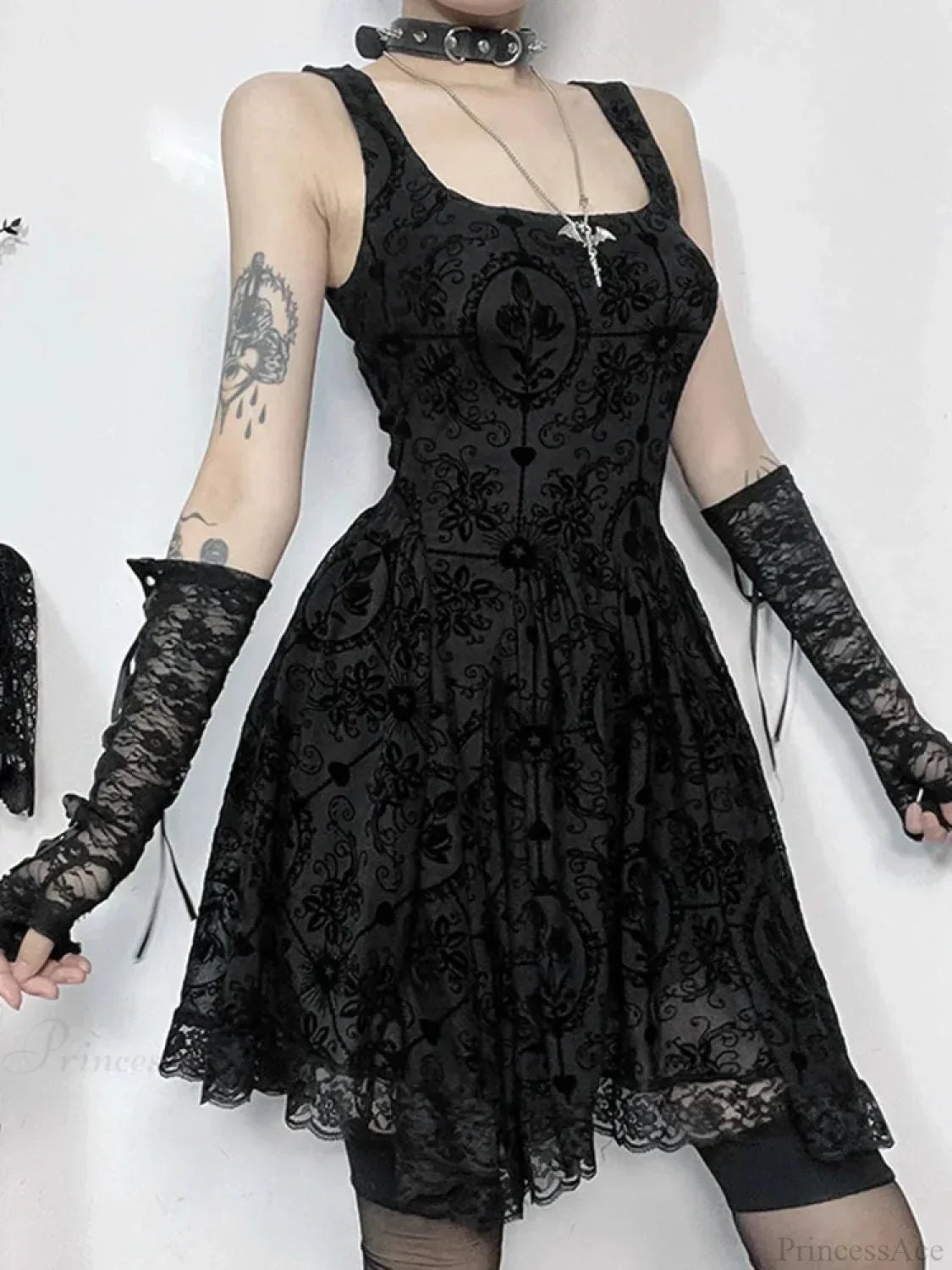 Square Neck Sleeveless Damask Floral Lace Trim Skater Mini Dress
