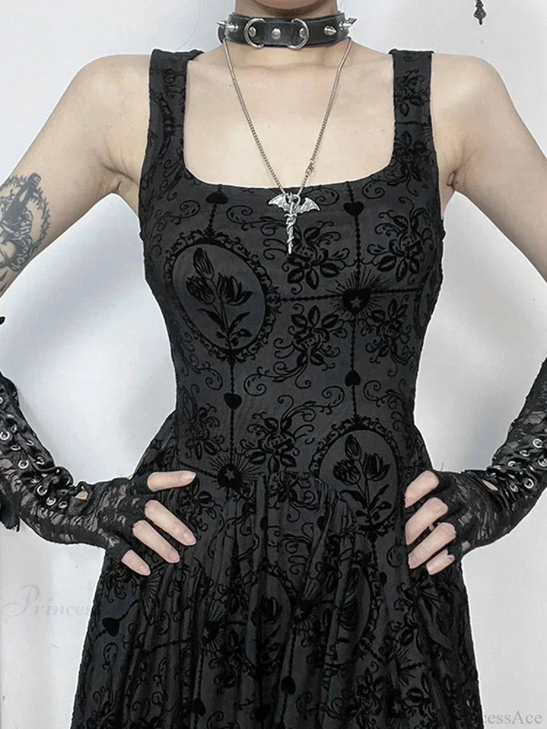 Square Neck Sleeveless Damask Floral Lace Trim Skater Mini Dress