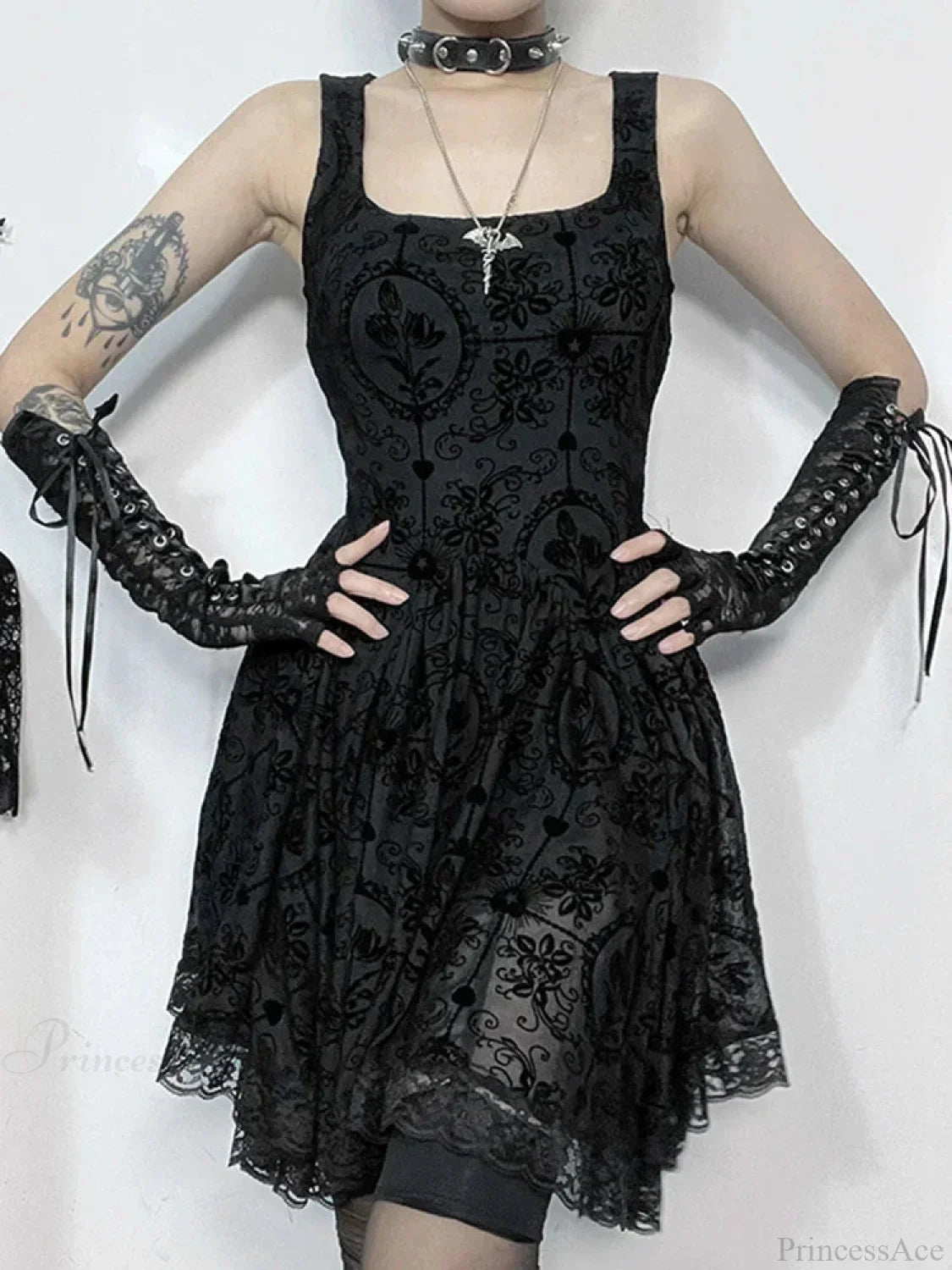 Square Neck Sleeveless Damask Floral Lace Trim Skater Mini Dress - View 5