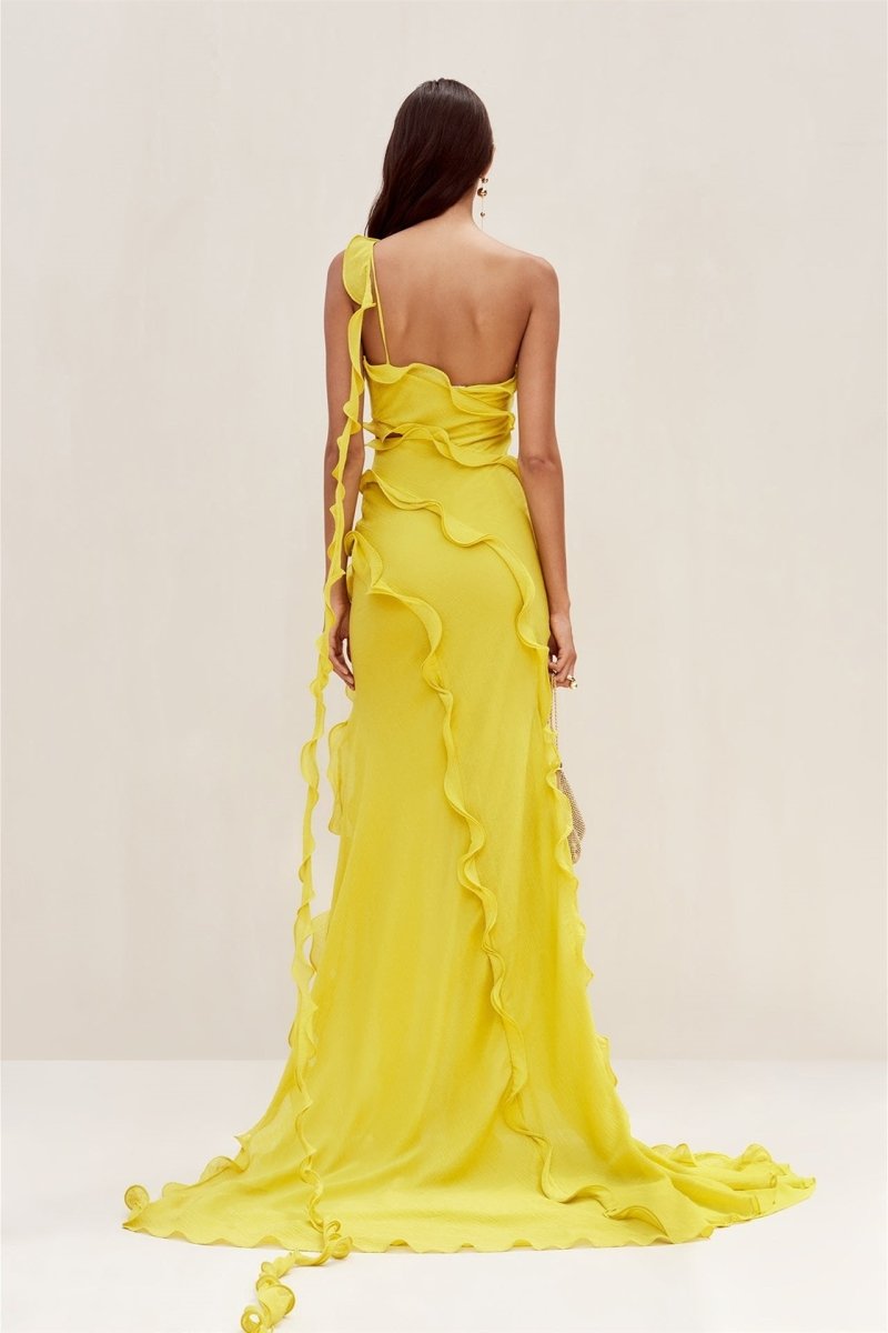 Chiffon One Shoulder Ruffle Trim Cut Out High Split Maxi Gown with Train 4