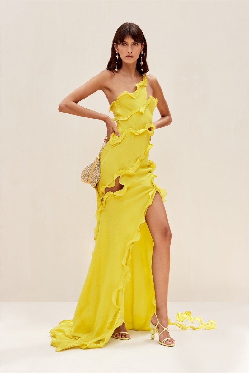 Chiffon One Shoulder Ruffle Trim Cut Out High Split Maxi Gown with Train 2