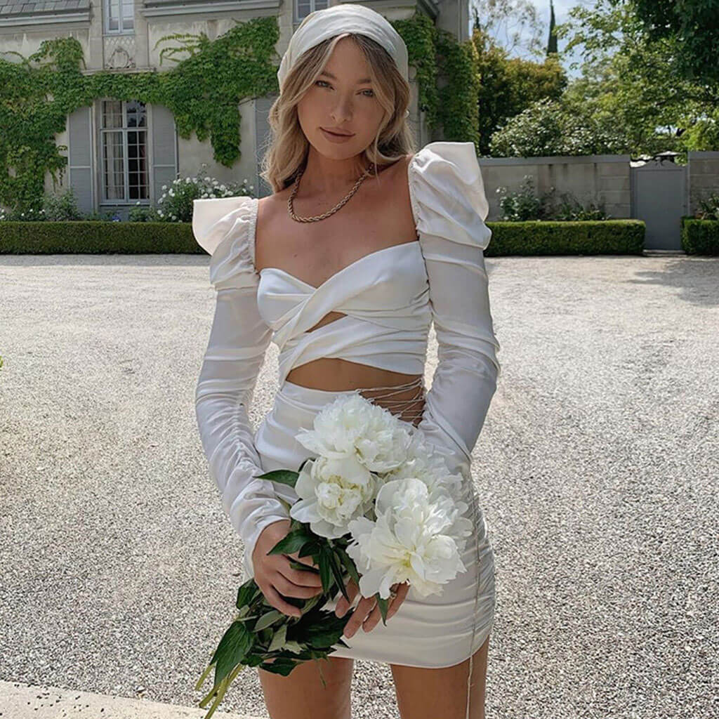 Cut Out Graceful Puff Sleeve Dress S / White Party Dresses-L