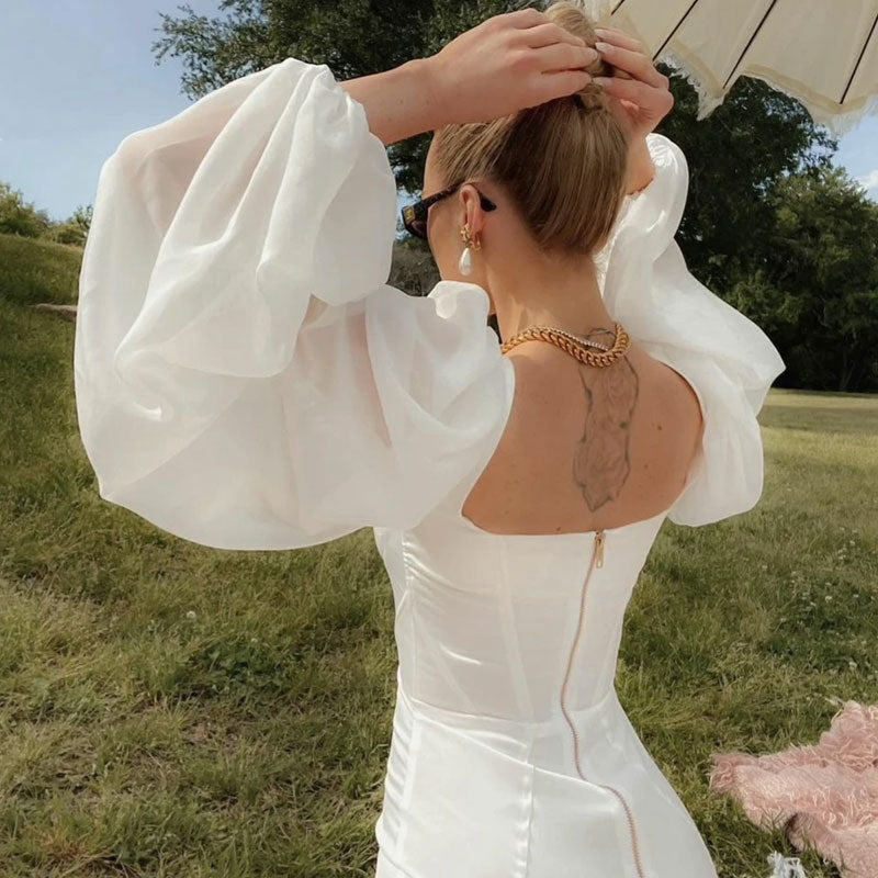 Glossy Puff Sleeve Satin Bustier Party Mini Dress - White