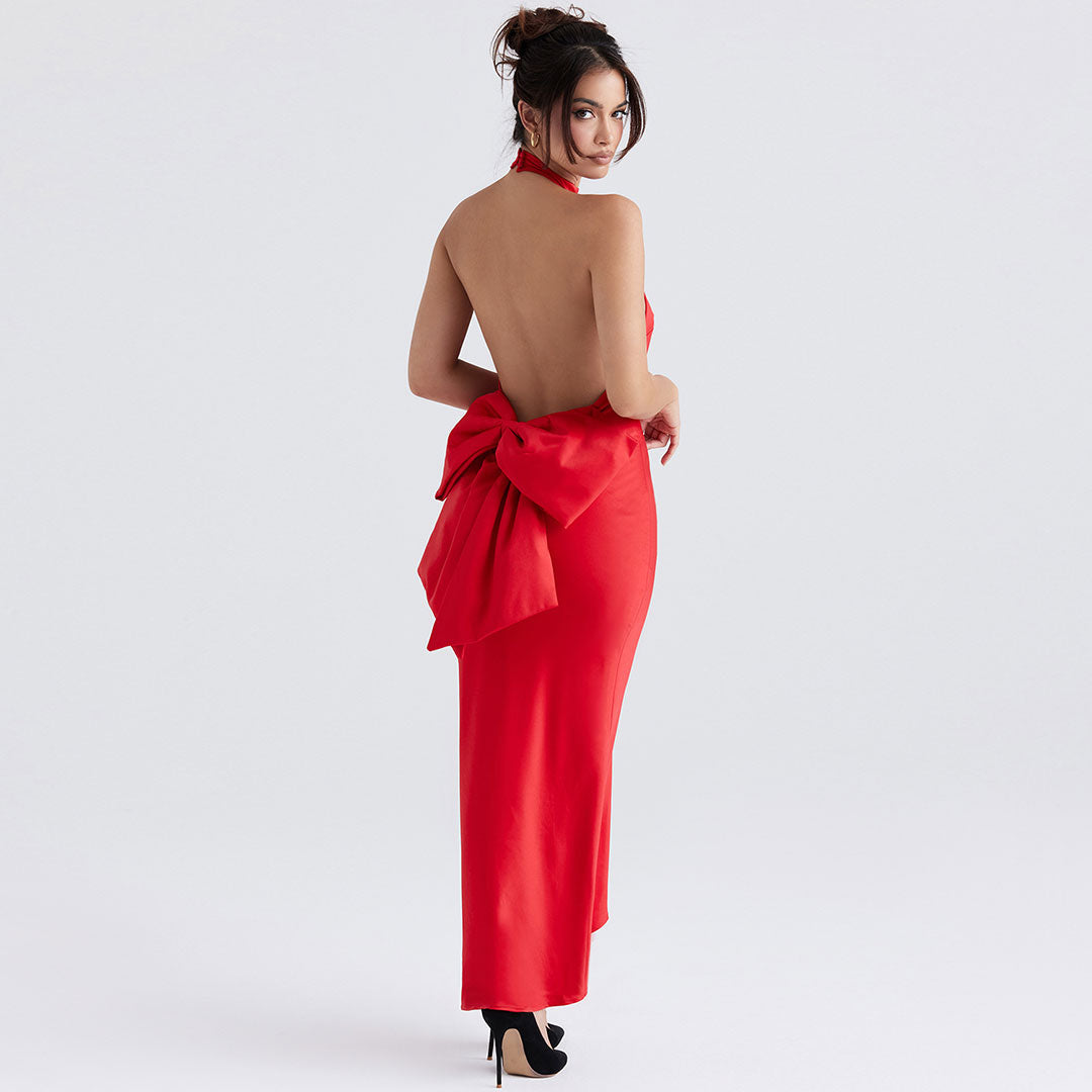 Satin Halter Neck Sleeveless Back Bow Fishtail Maxi Dress 3
