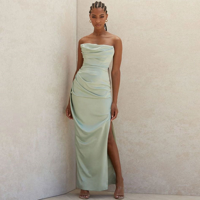 Satin Strapless Cowl Neck Draped High Split Maxi Evening Dress