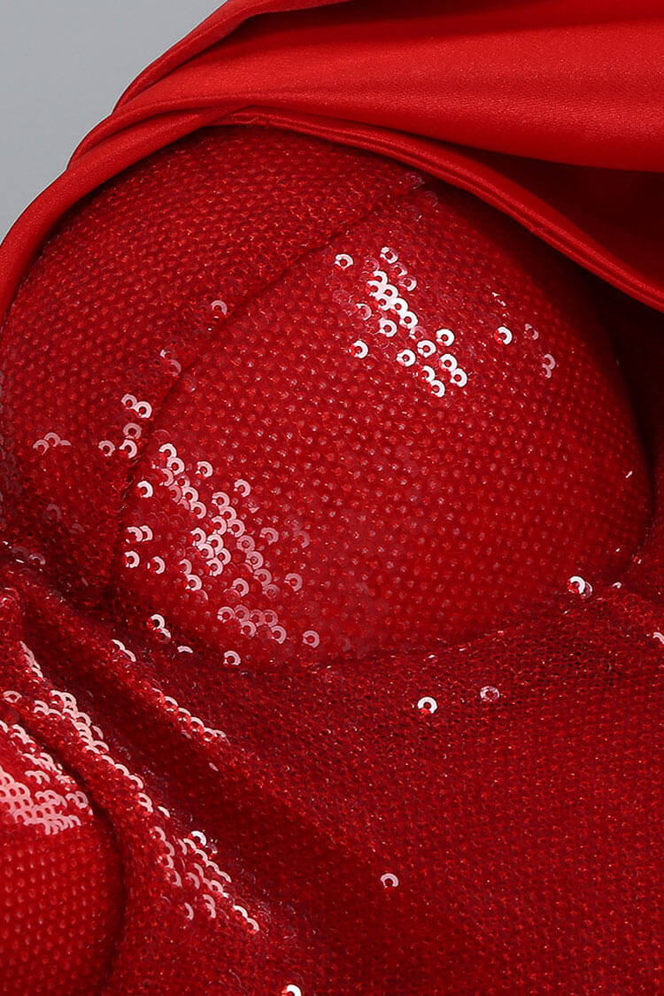 Glossy Satin Draped Off Shoulder Sequin Corset Bubble Party Mini Dress