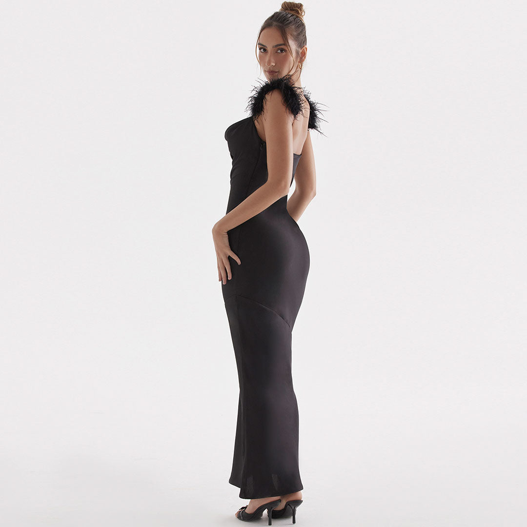 Satin Cowl Neck Faux Feather Strap Bodycon Maxi Dress 3