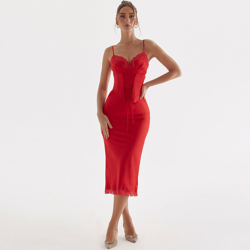 Satin Lace Up Corset Lace Trim Bodycon Midi Dress