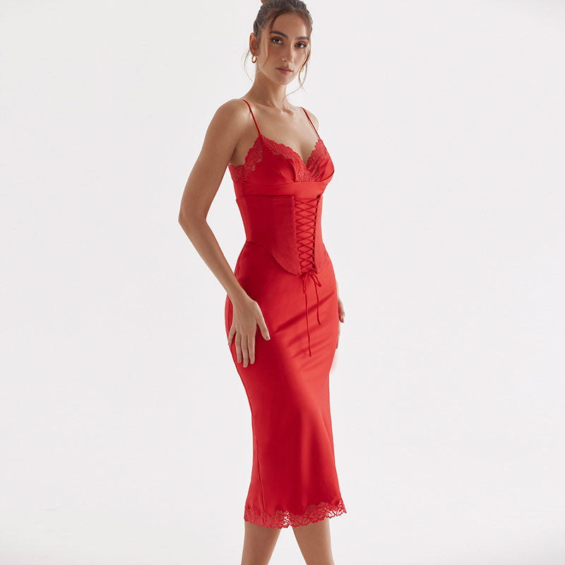Satin Lace Up Corset Lace Trim Bodycon Midi Dress