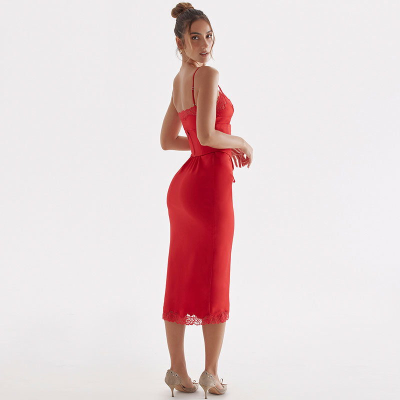 Satin Lace Up Corset Lace Trim Bodycon Midi Dress