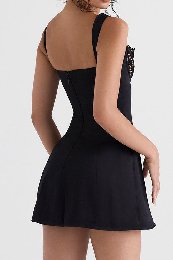 Glossy Satin Floral Lace Tie Front Sleeveless Mini Dress - Black