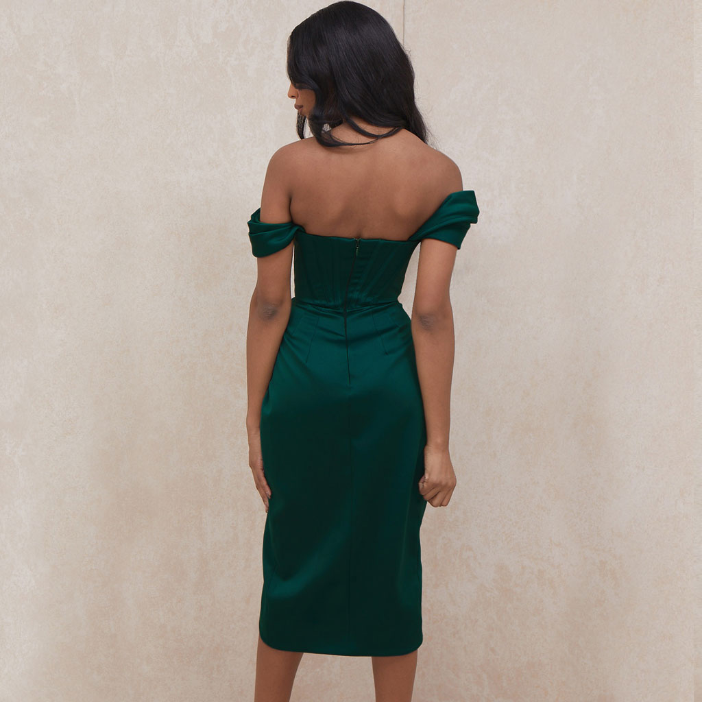 Off Shoulder Mini Dress in Emerald Green - View 3