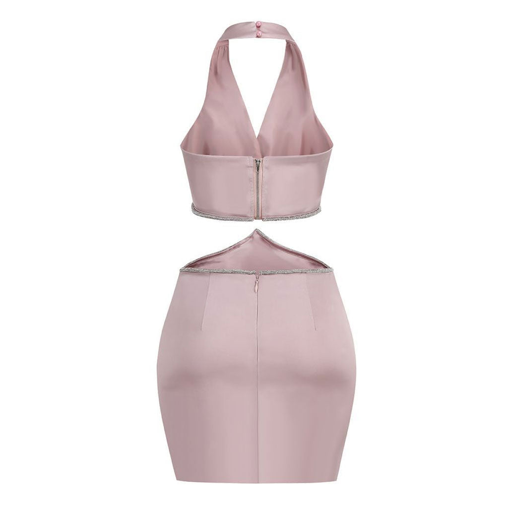 Glossy Satin Ruched Halter V Neck Sleeveless Crystal CutOut Mini Party Dress