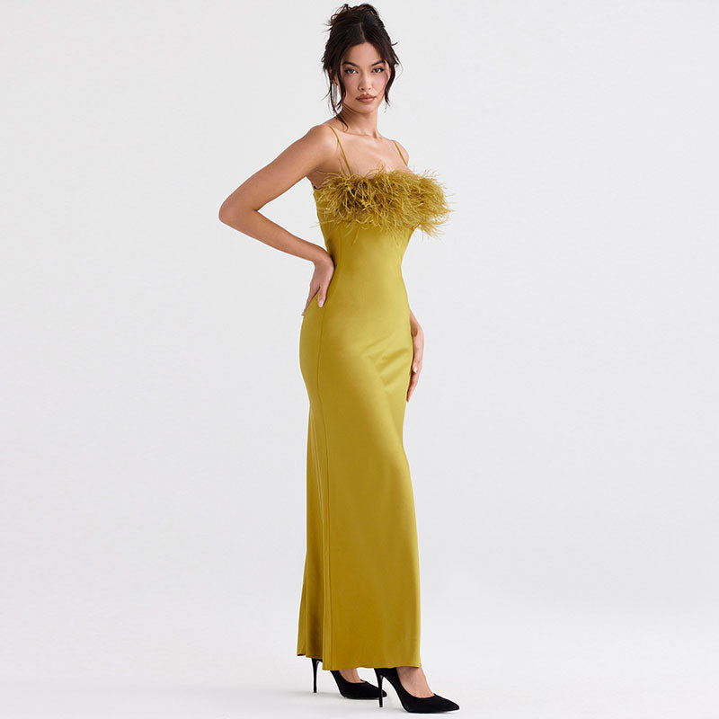 Satin Spaghetti Strap Feather Trim Slip Maxi Dress