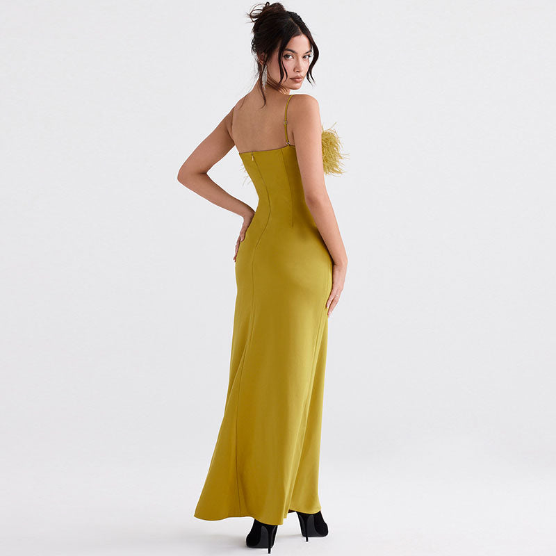 Satin Spaghetti Strap Feather Trim Slip Maxi Dress