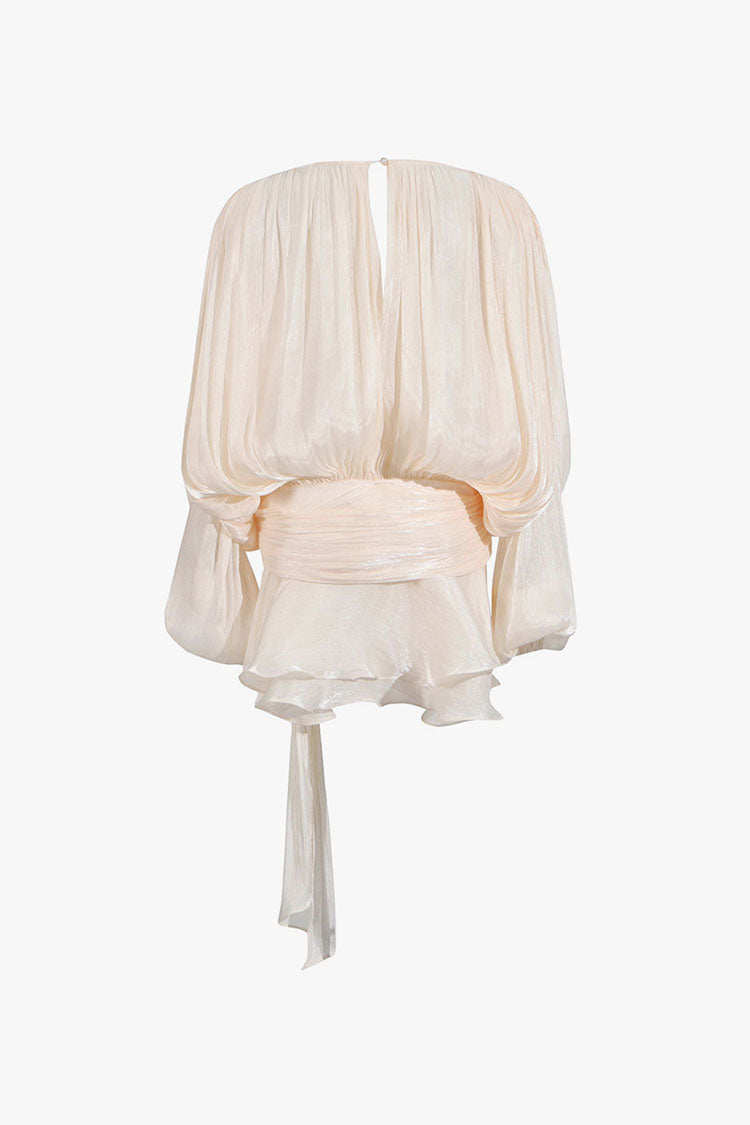 Glossy Tie Neck Pleated Lantern Sleeve Drop Waist Vacation Micro Mini Dress