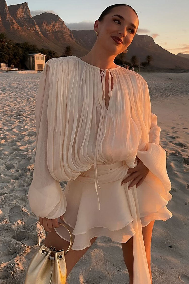 Glossy Tie Neck Pleated Lantern Sleeve Drop Waist Vacation Micro Mini Dress