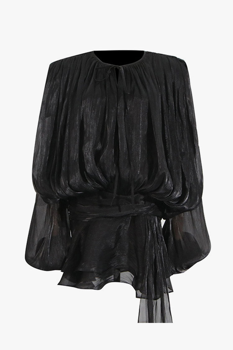 Glossy Tie Neck Pleated Lantern Sleeve Drop Waist Vacation Micro Mini Dress