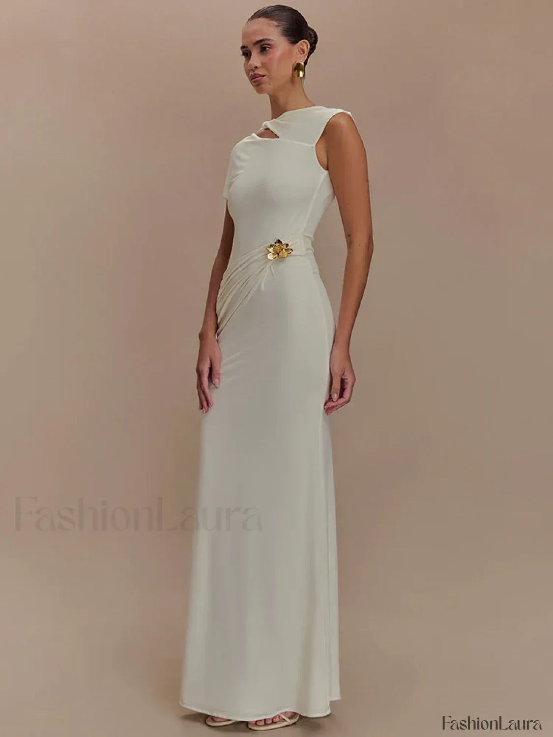 Gold Clasp Ruched Bodycon Maxi Dress