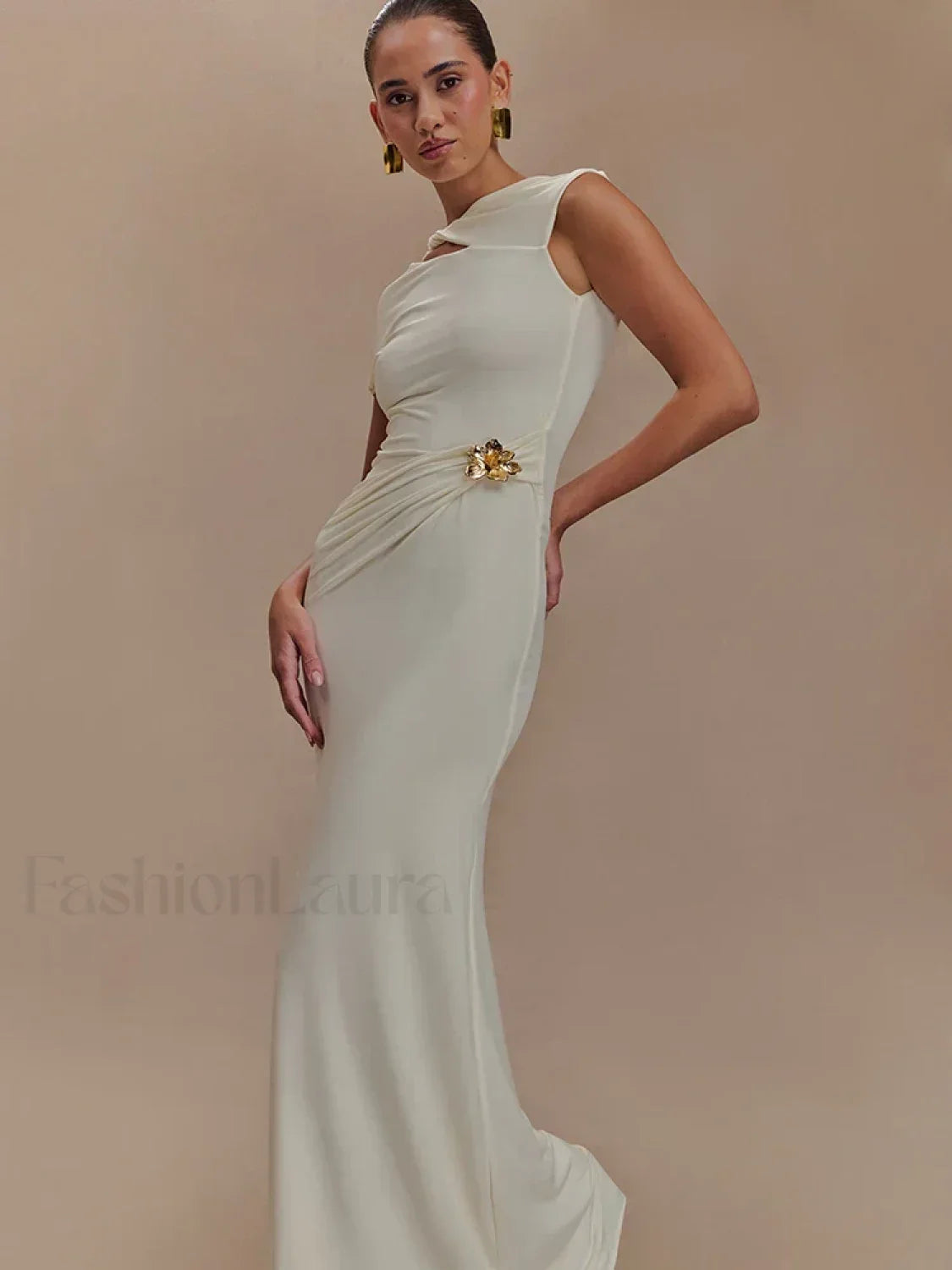 Gold Clasp Ruched Bodycon Maxi Dress