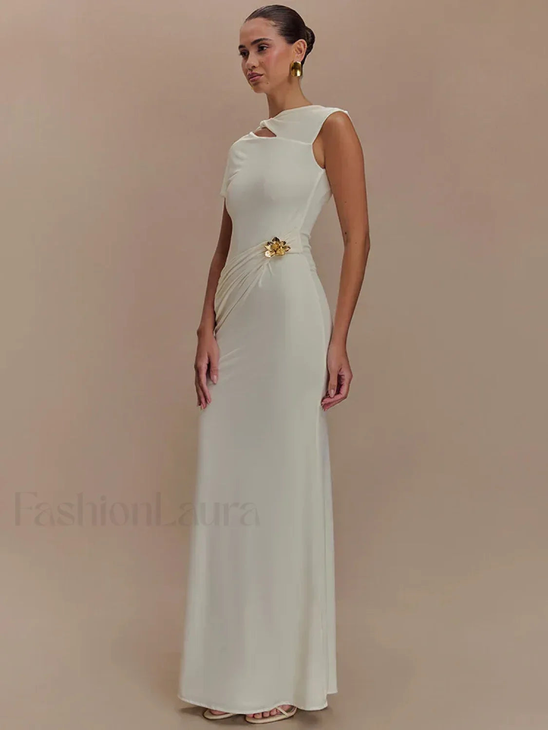 Gold Clasp Ruched Bodycon Maxi Dress