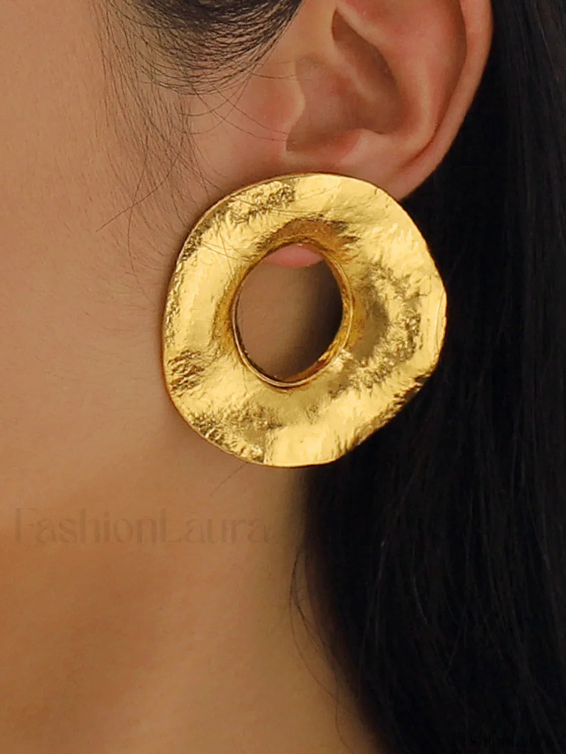 Gold Textured Metal Trendy Round Stud Earrings