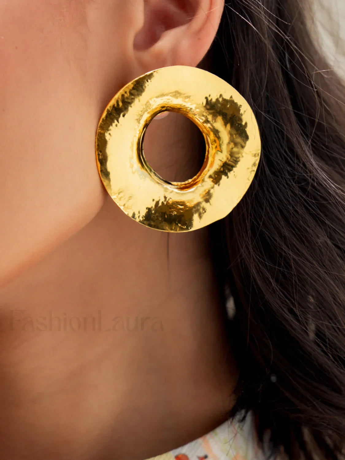 Gold Textured Metal Trendy Round Stud Earrings Golden / One Size Earrings