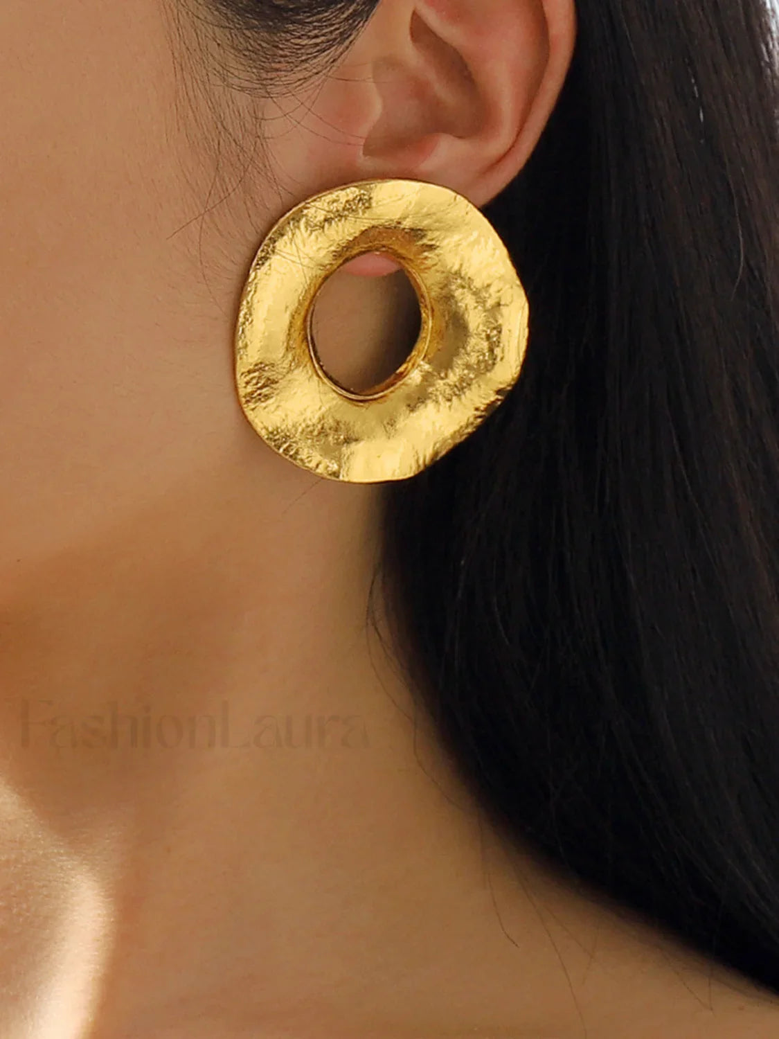 Gold Textured Metal Trendy Round Stud Earrings