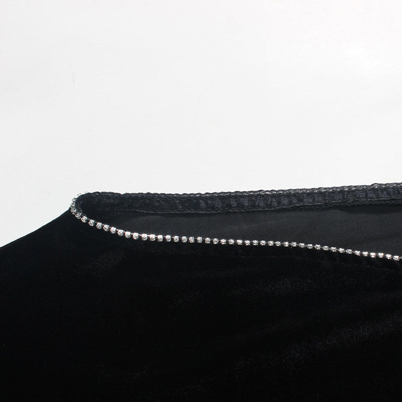 Rhinestone Trim High Split Crew Neck Long Sleeve Velvet Midi Dress 3
