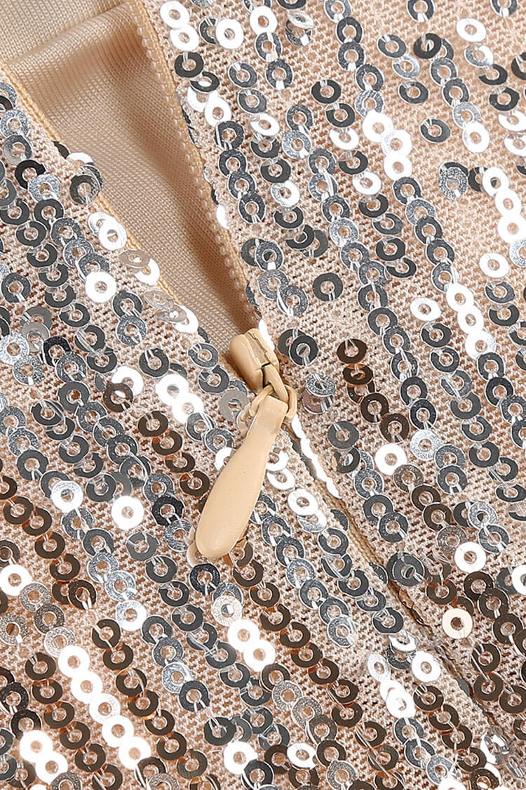 Gorgeous Ruched Strapless High Rise Split Sequin Evening Maxi Dress