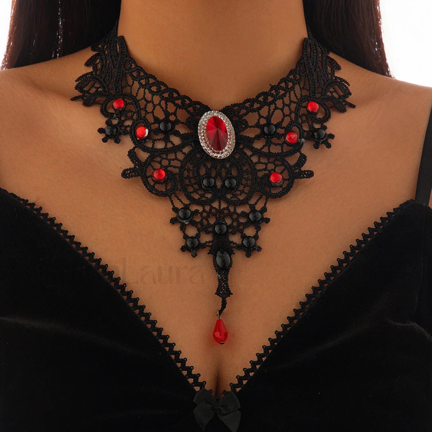 Gothic Blood Drop Gem Tassel Cross Necklace for Halloween