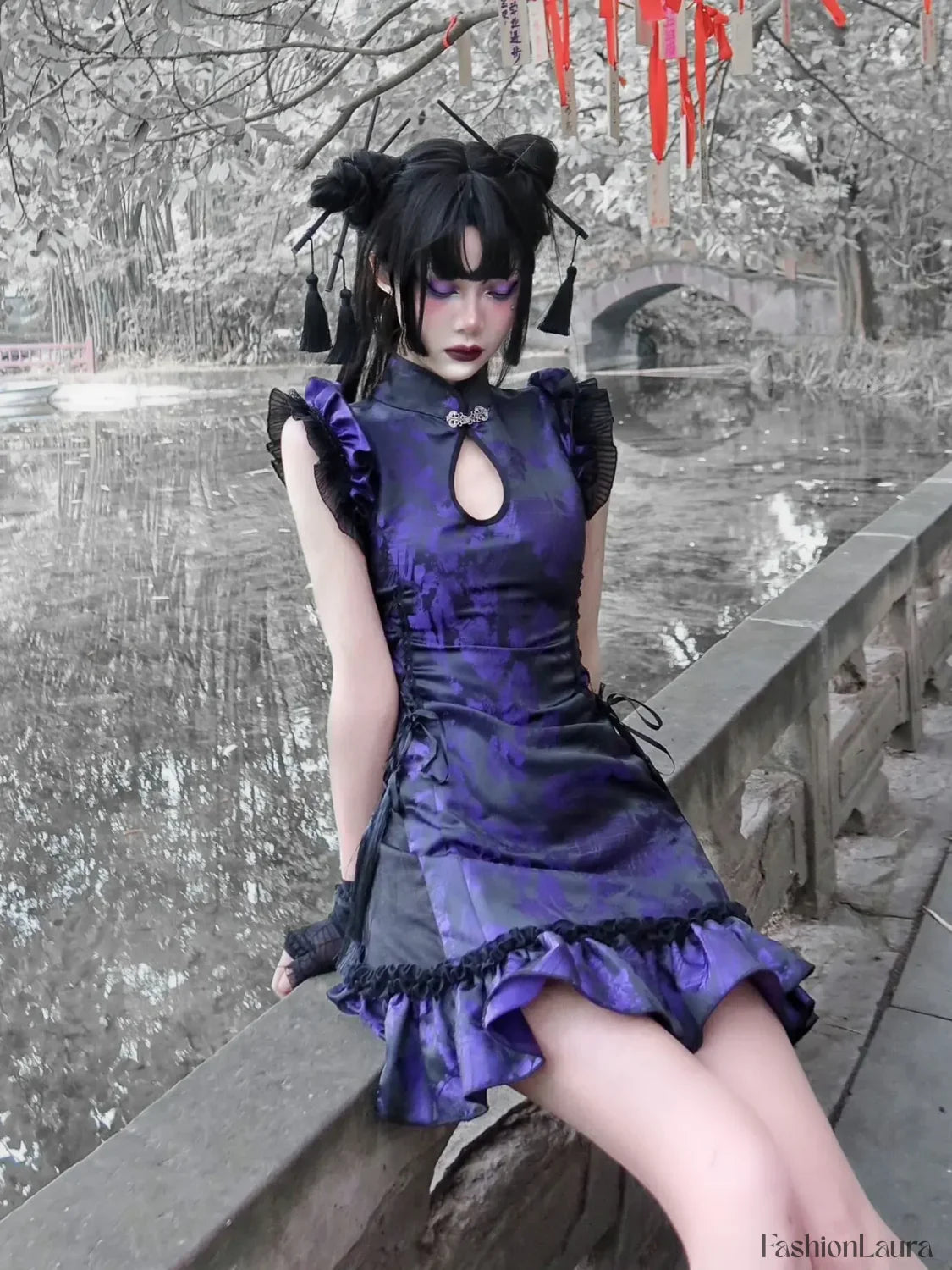 Gothic Cheongsam Chinese Tassels Collar Sleeveless Mini Slim Retro Sexy Strap Party Punk Stand Dress