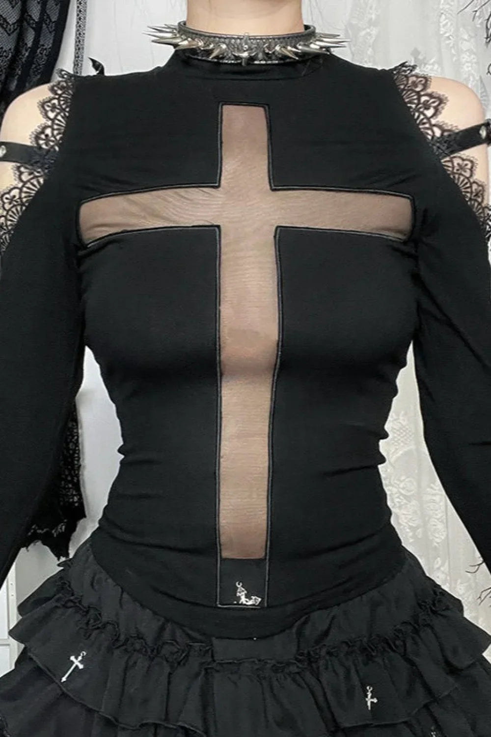 Gothic Cross Sheer Long Sleeve T-Shirt