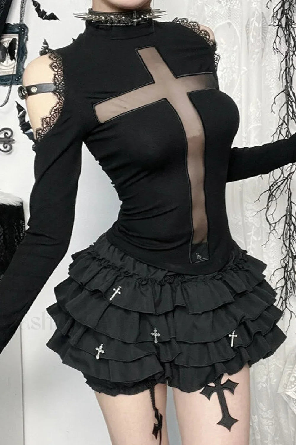 Gothic Cross Sheer Long Sleeve T-Shirt