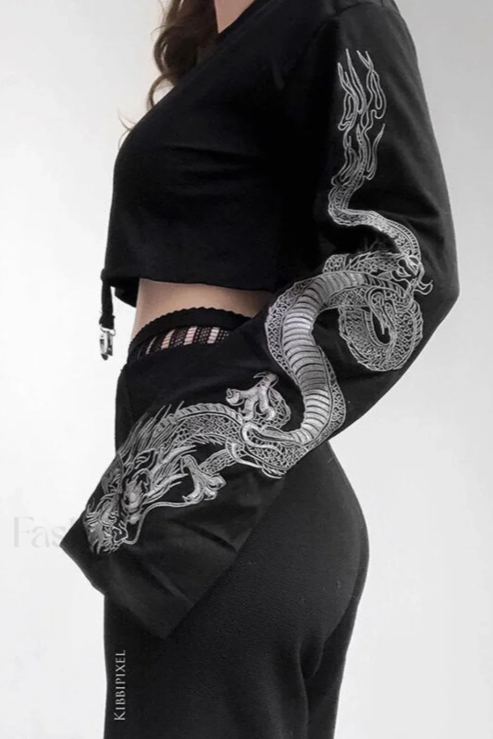 Gothic Dragon Print Cropped Hoodie