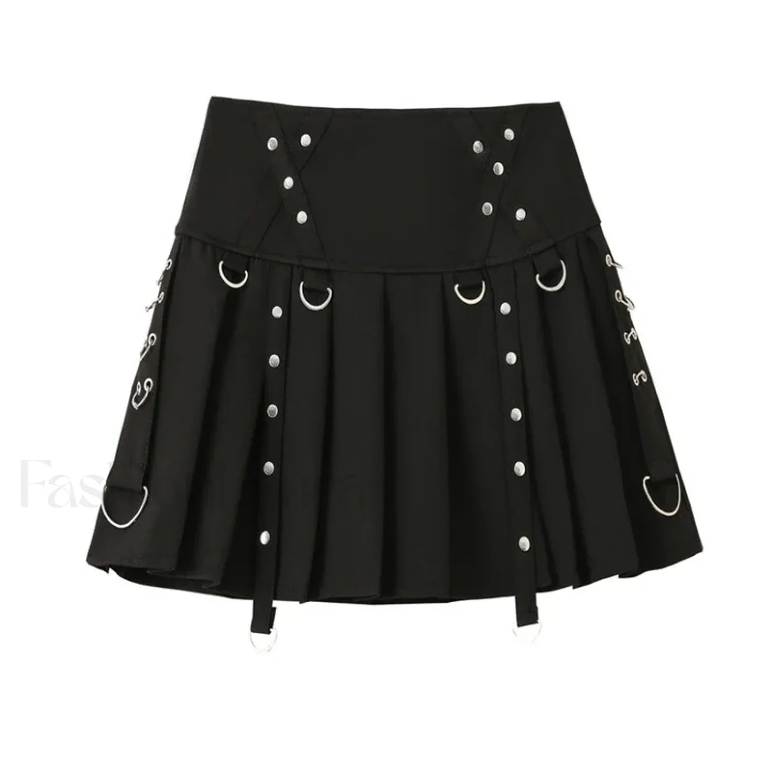 Gothic Harajuku Short Pleated Skirt with Rivet Metal Buckles and Streamer Low Waist Style BLACK / S